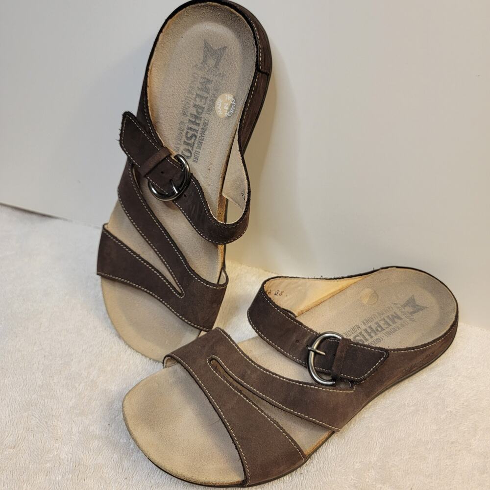 Mephisto 8 Brown Leather Sandals Sz 38 Cork Silver Buckle